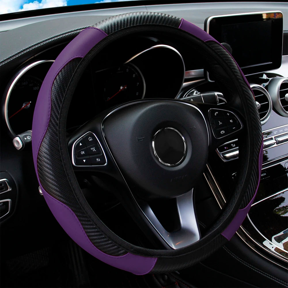 PU Carbon Fiber Leather Steering Wheel Cover – Fits 14.5–15 Inch Cars, Durable Automotive Accessory
