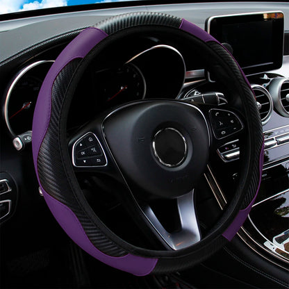 PU Carbon Fiber Leather Steering Wheel Cover – Fits 14.5–15 Inch Cars, Durable Automotive Accessory