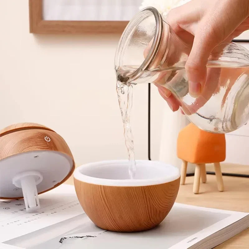 Mini Woodgrain USB Humidifier – Ultrasonic Aromatherapy Diffuser with Color Night Light