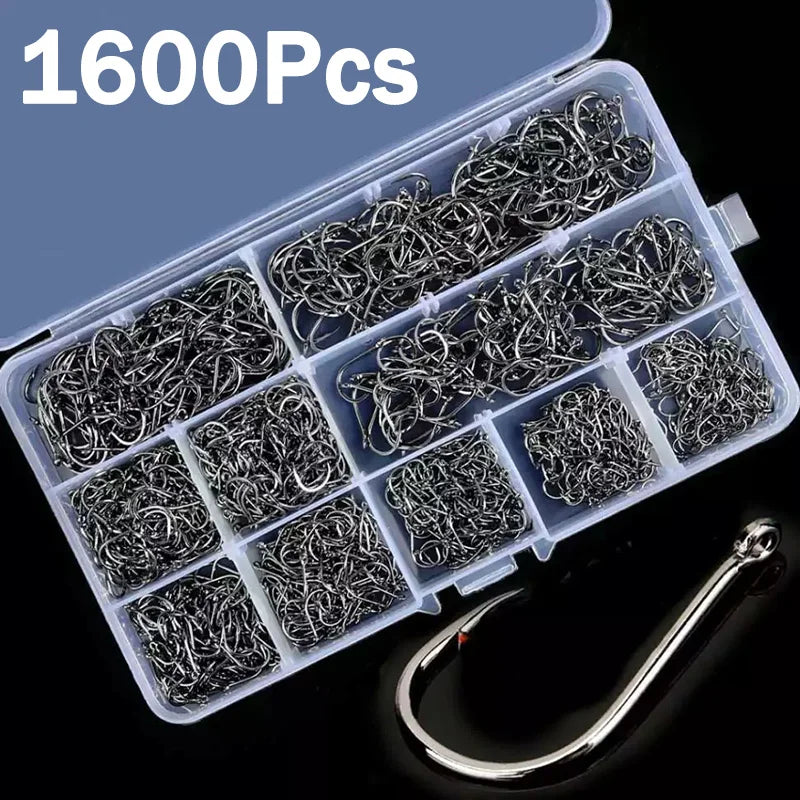 High-Carbon Steel Fishing Hooks Set – 50 to 1600pcs Barbed Circle Hooks in Tackle Box (Sizes 3#–12#)