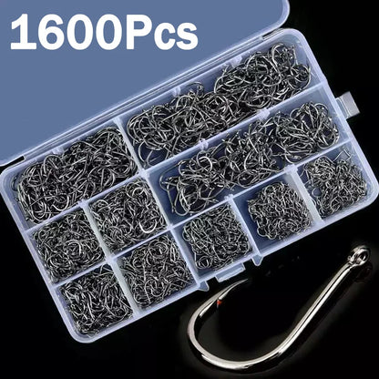 High-Carbon Steel Fishing Hooks Set – 50 to 1600pcs Barbed Circle Hooks in Tackle Box (Sizes 3#–12#)