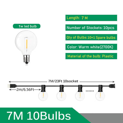 110V/220V Outdoor String Lights LED G40 Festoon Garland – Waterproof Warm White Fairy Lights for Patio, Garden & Wedding Decoration