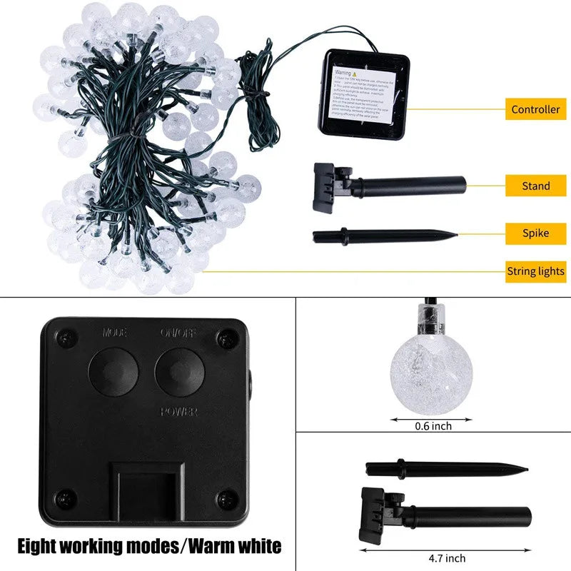 LED Solar String Lights – Waterproof Crystal Globe Lights with 8 Modes for Outdoor Garden, Patio, Tree & Party Decoration
