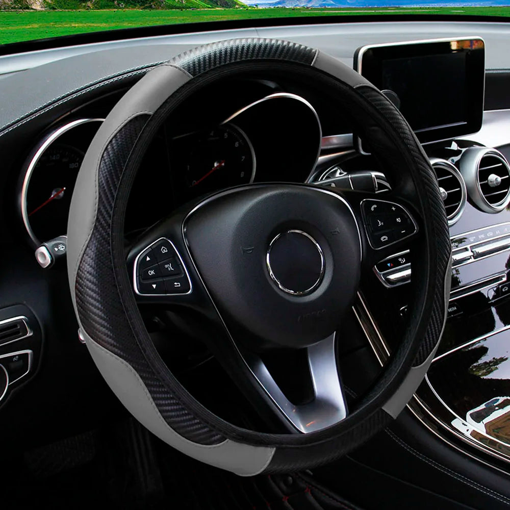 PU Carbon Fiber Leather Steering Wheel Cover – Fits 14.5–15 Inch Cars, Durable Automotive Accessory