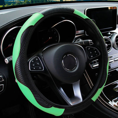 PU Carbon Fiber Leather Steering Wheel Cover – Fits 14.5–15 Inch Cars, Durable Automotive Accessory