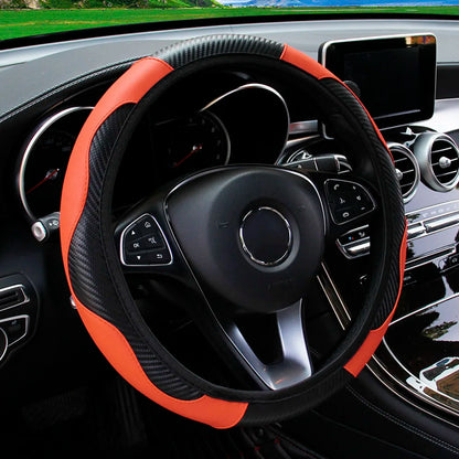 PU Carbon Fiber Leather Steering Wheel Cover – Fits 14.5–15 Inch Cars, Durable Automotive Accessory
