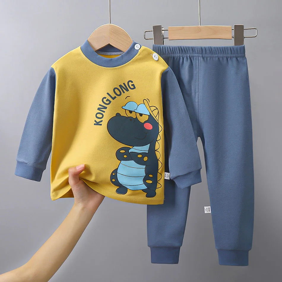 Unisex Cotton Dinosaur Pajamas Set – Soft & Durable Kids Sleepwear for Spring and Autumn