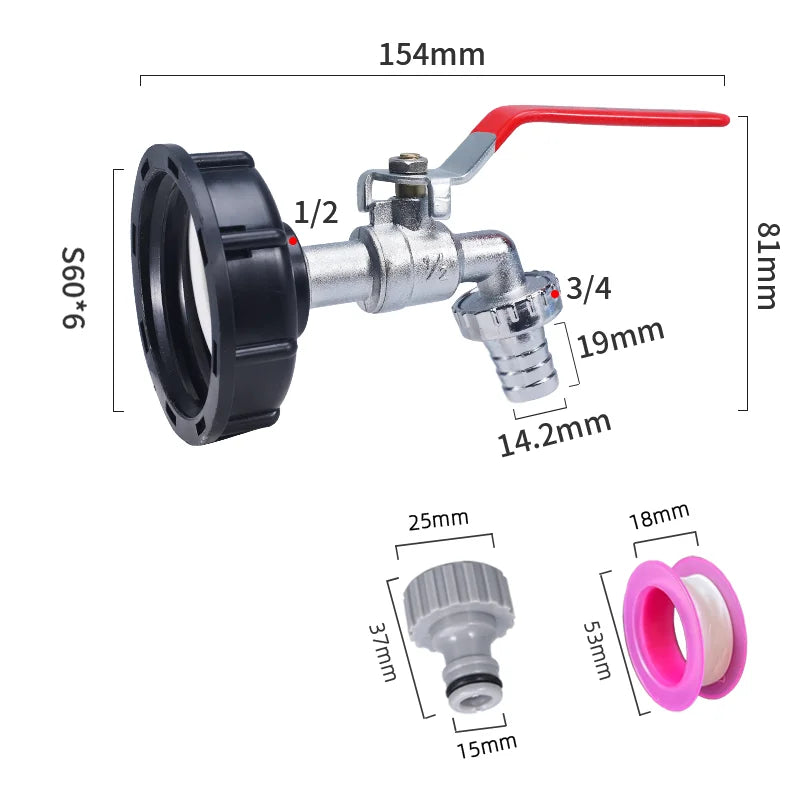 S60x6 IBC Tank Tap Connector – Coarse Thread Water Coupling Adapter for 1/2'' & 3/4'' Garden Hose Fittings (Fits 1000L Tanks)