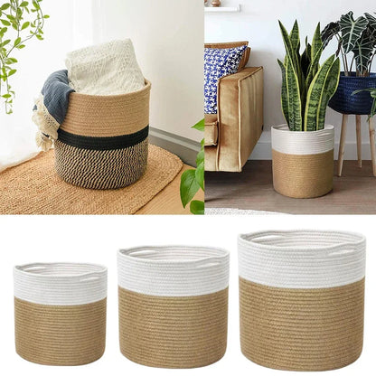 Handmade Cotton Rope Woven Basket – Foldable Storage Flower Pot Organizer