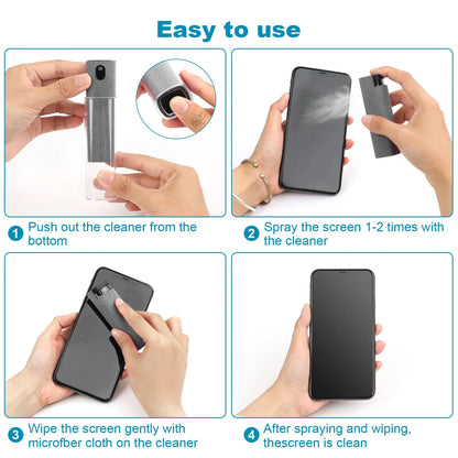 3-in-1 Screen Cleaner – Touchscreen Mist Spray with Microfiber Cloth & Portable Fingerprint-Proof Bottle