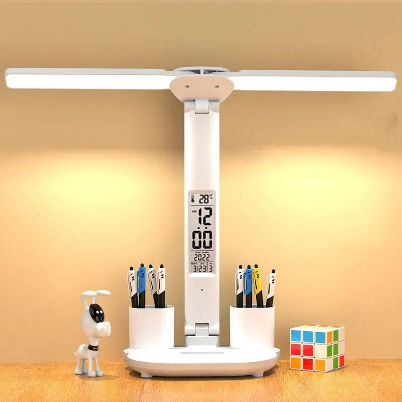 LED Clock Table Lamp – USB Rechargeable Foldable Desk Light with Dimmable Touch Control & Eye Protection for Reading, Study & Office