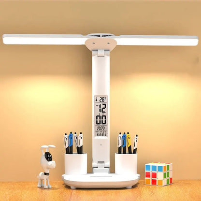 LED Clock Table Lamp – USB Rechargeable Foldable Desk Light with Dimmable Touch Control & Eye Protection for Reading, Study & Office