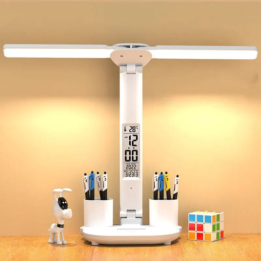 LED Clock Table Lamp – USB Rechargeable Foldable Desk Light with Dimmable Touch Control & Eye Protection for Reading, Study & Office
