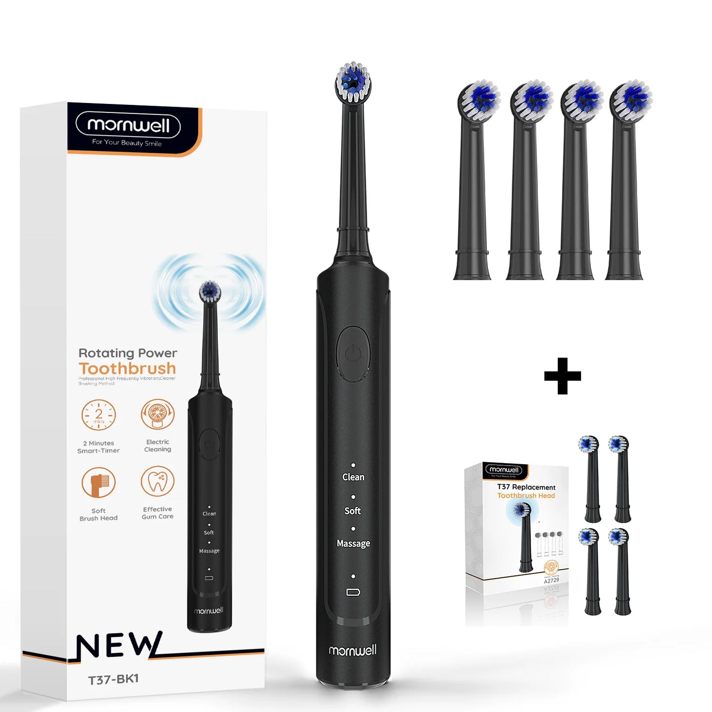 Rechargeable Electric Toothbrush – T37 Sonic Toothbrush for Adults with 4 Brush Heads & 3 Cleaning Modes