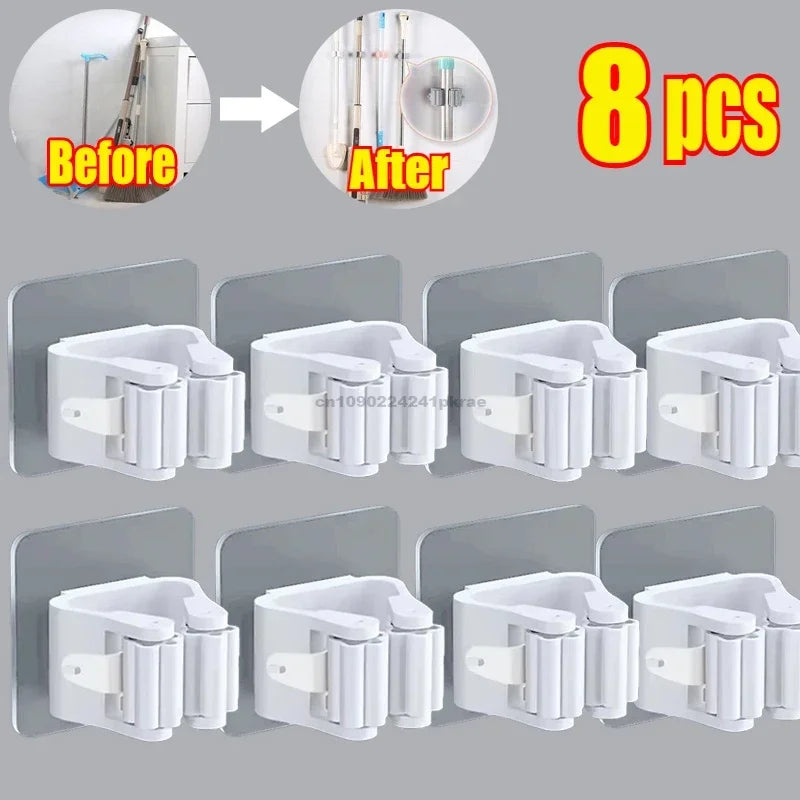 Self-adhesive Mop Holder – Wall Mounted Broom Stand & Brush Hook Storage Organizer