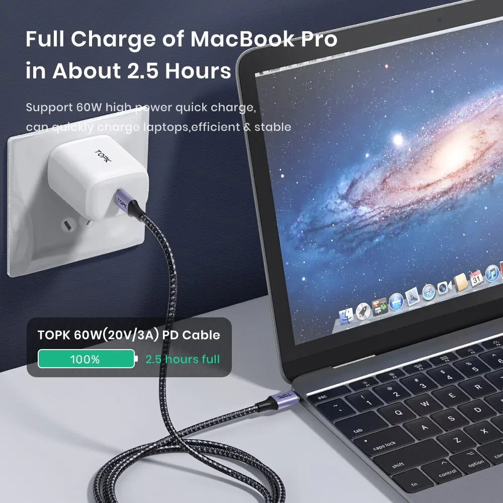 TOPK 60W PD Fast Charging USB C to USB Type-C Cable – Durable 2m PD Cable for MacBook Pro & Samsung