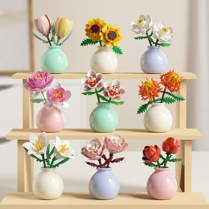 Flower Building Block Set with Pot – DIY Bouquet Kit with Roses, Lilies & Decorative Display Vase