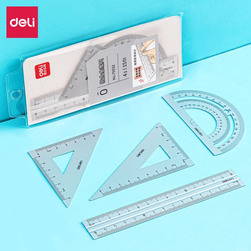 DELI Aluminum Drafting Set – 4-Piece Ruler Set with Protractor and Triangle
