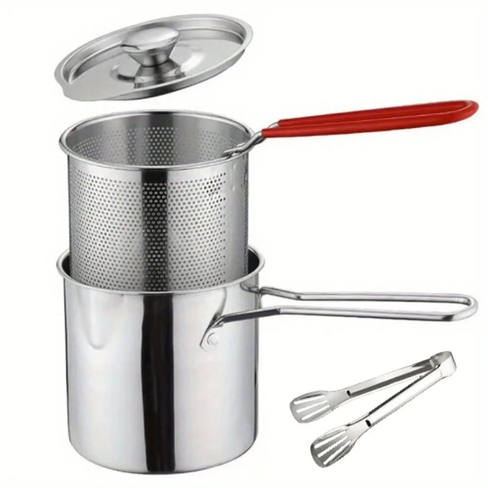 4PCS Stainless Steel Tempura Fryer Pot Set – Japanese Deep Fry Pan with Mesh Strainer, Lid & Food Clip