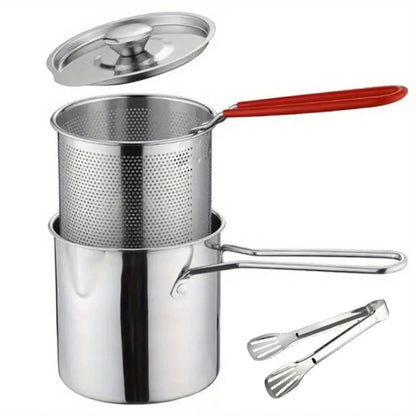 4PCS Stainless Steel Tempura Fryer Pot Set – Japanese Deep Fry Pan with Mesh Strainer, Lid & Food Clip