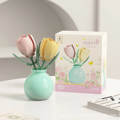 Flower Building Block Set with Pot – DIY Bouquet Kit with Roses, Lilies & Decorative Display Vase