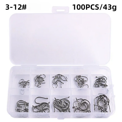 High-Carbon Steel Fishing Hooks Set – 50 to 1600pcs Barbed Circle Hooks in Tackle Box (Sizes 3#–12#)