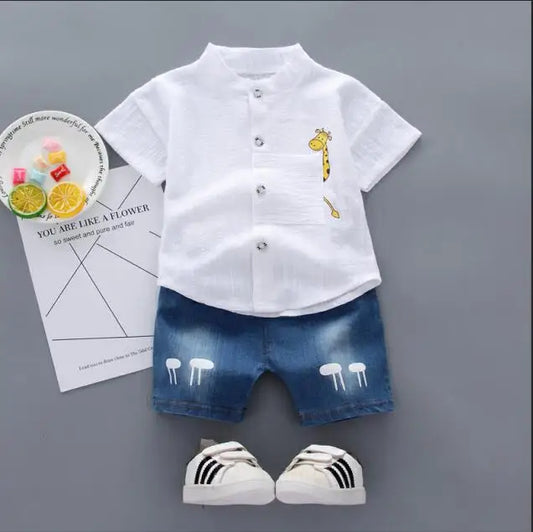 Toddler Boys Summer Outfit Set – Cartoon Shirt & Denim Shorts Baby Clothes