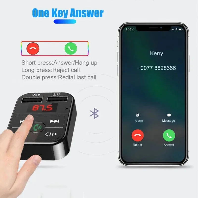 VIKEFON Car Bluetooth 5.0 FM Transmitter Receiver TF Handsfree Car Kit 2.1A Dual USB Car Charger Audio Wireless Car Adapter