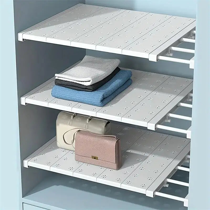 White Expandable Divider Punch-Free Retractable Multi-Layer Shelf – Wardrobe, Kitchen & Bathroom Storage Organizer