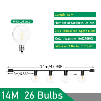 110V/220V Outdoor String Lights LED G40 Festoon Garland – Waterproof Warm White Fairy Lights for Patio, Garden & Wedding Decoration