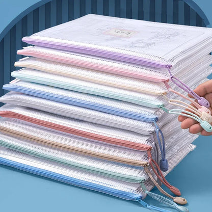 Zipper Mesh Bags A4/A5 Plastic Zipper Bags For Organizing Waterproof Clear Travel Bags Office Supplies Document，color random