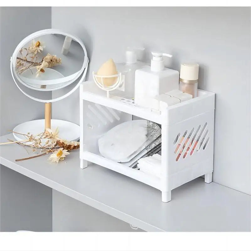 Double Layer Desktop Storage Rack – White Rectangular Organizer for Cosmetics, Stationery & Office Supplies