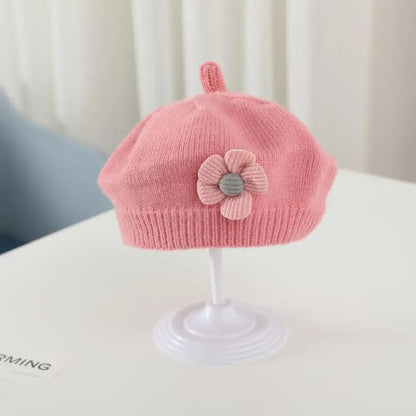 Flower Baby Beret Hat – Winter Warm Knitted Beanie Cap for Infant Girls