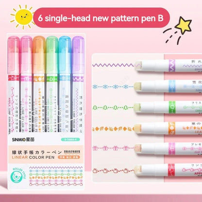 6Pcs Flower Line Shape Highlighter Pen Set – Curve Liner Roller Tip Markers for Creative Journaling