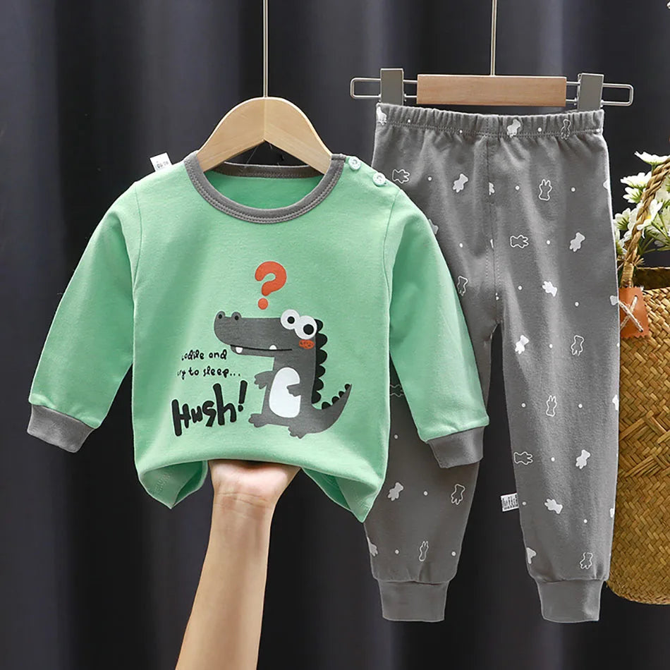 Unisex Cotton Dinosaur Pajamas Set – Soft & Durable Kids Sleepwear for Spring and Autumn