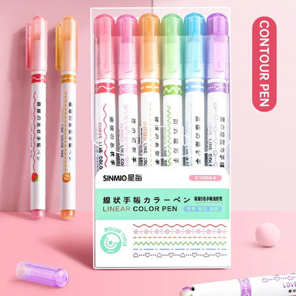 6Pcs/Set Flower Shape Outline Pens Highlighter Marker Curve Roller Tip Pen Cute Stationery Kawaii Graffiti School Acsesories