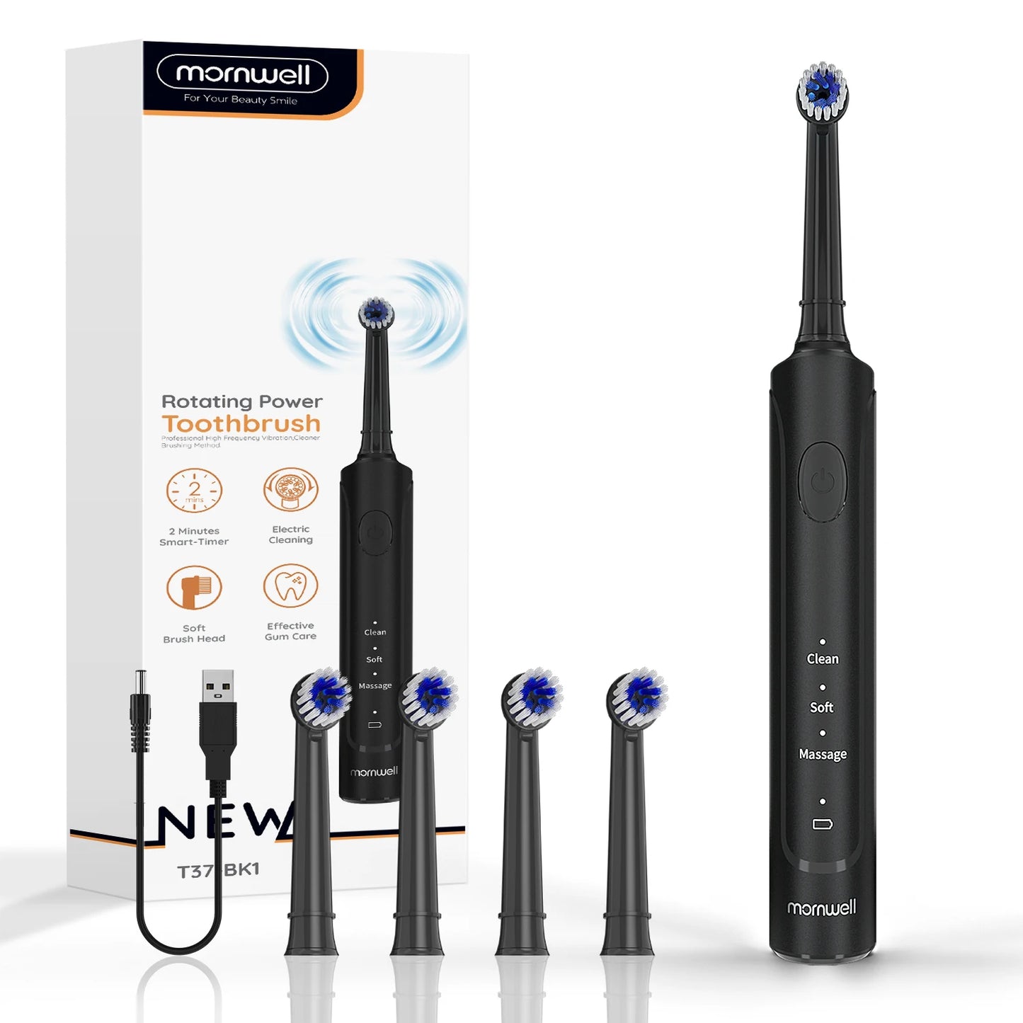 Rechargeable Electric Toothbrush – T37 Sonic Toothbrush for Adults with 4 Brush Heads & 3 Cleaning Modes