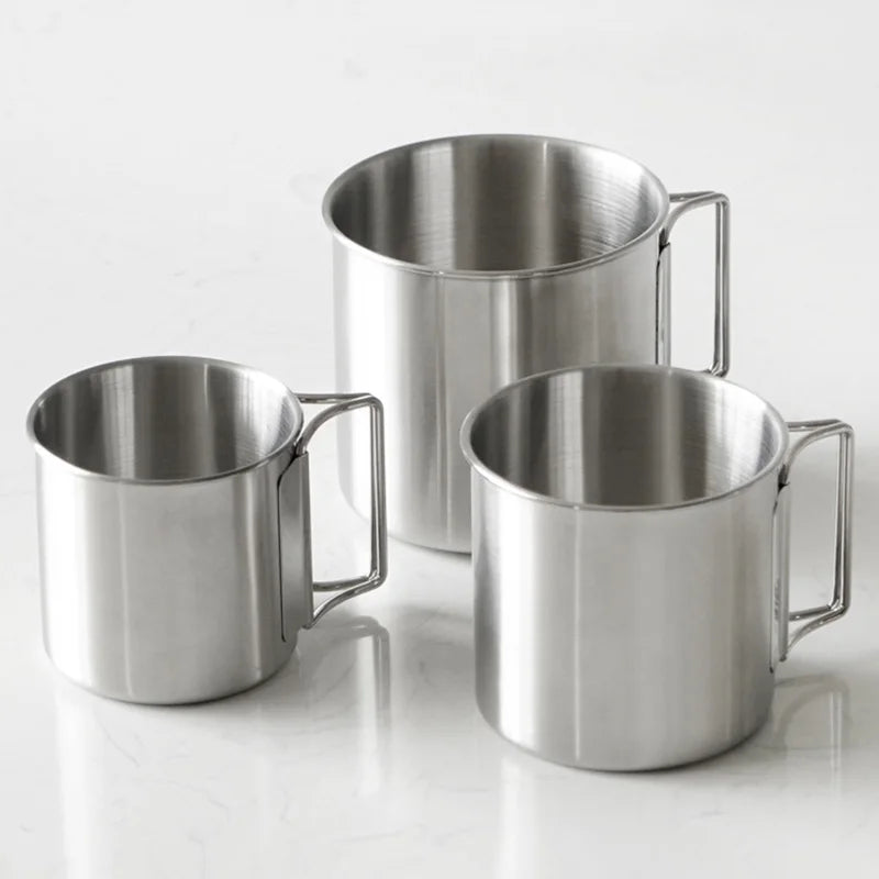 Stainless Steel Camping Cup – 250ml / 350ml / 500ml Portable Outdoor Mug with Carabiner & Foldable Handle