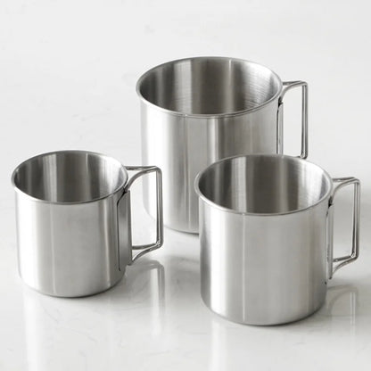 Stainless Steel Camping Cup – 250ml / 350ml / 500ml Portable Outdoor Mug with Carabiner & Foldable Handle