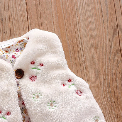 Girls’ Embroidered Fur Vest – Sleeveless Warm Coat with Floral Design (0–3 Years)