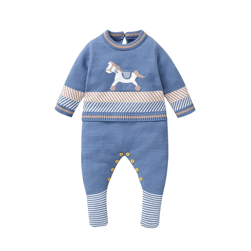 Blue Knit Baby Romper – Long Sleeve Jumpsuit for Newborn Boys & Unisex Winter Wear