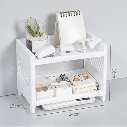 Double Layer Desktop Storage Rack – White Rectangular Organizer for Cosmetics, Stationery & Office Supplies