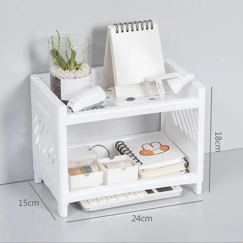 Double Layer Desktop Storage Rack – White Rectangular Organizer for Cosmetics, Stationery & Office Supplies