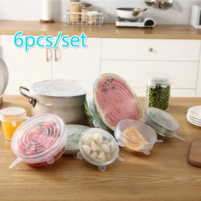 6Pcs Silicone Fresh-Keeping Covers – Reusable Stretch Canning Lids in Blue & White for Airtight Food Storage