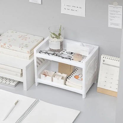 Double Layer Desktop Storage Rack – White Rectangular Organizer for Cosmetics, Stationery & Office Supplies