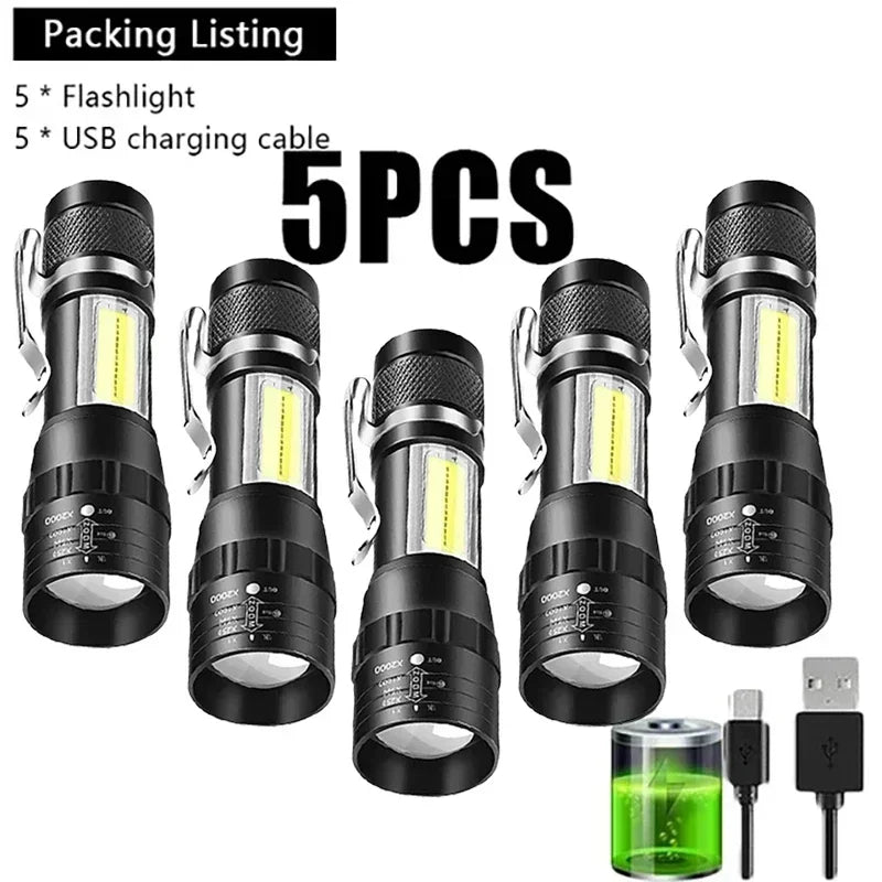COB + XPE Mini USB Rechargeable Flashlight – Zoomable Small Torch with Clip, 350 Lumens, Waterproof Emergency Light for Camping, Hiking, Fishing