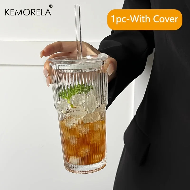 600ML Stripe Glass Coffee Cup with Lid – Transparent Juice & Iced Coffee Mug, Cold Drink Glassware without Straw