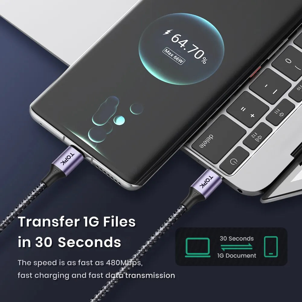 TOPK 60W PD Fast Charging USB C to USB Type-C Cable – Durable 2m PD Cable for MacBook Pro & Samsung