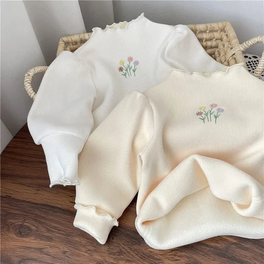 Baby Girls Winter Thickened Sweater – Warm Puff Sleeve Embroidered Top for Kids 1-6 Years