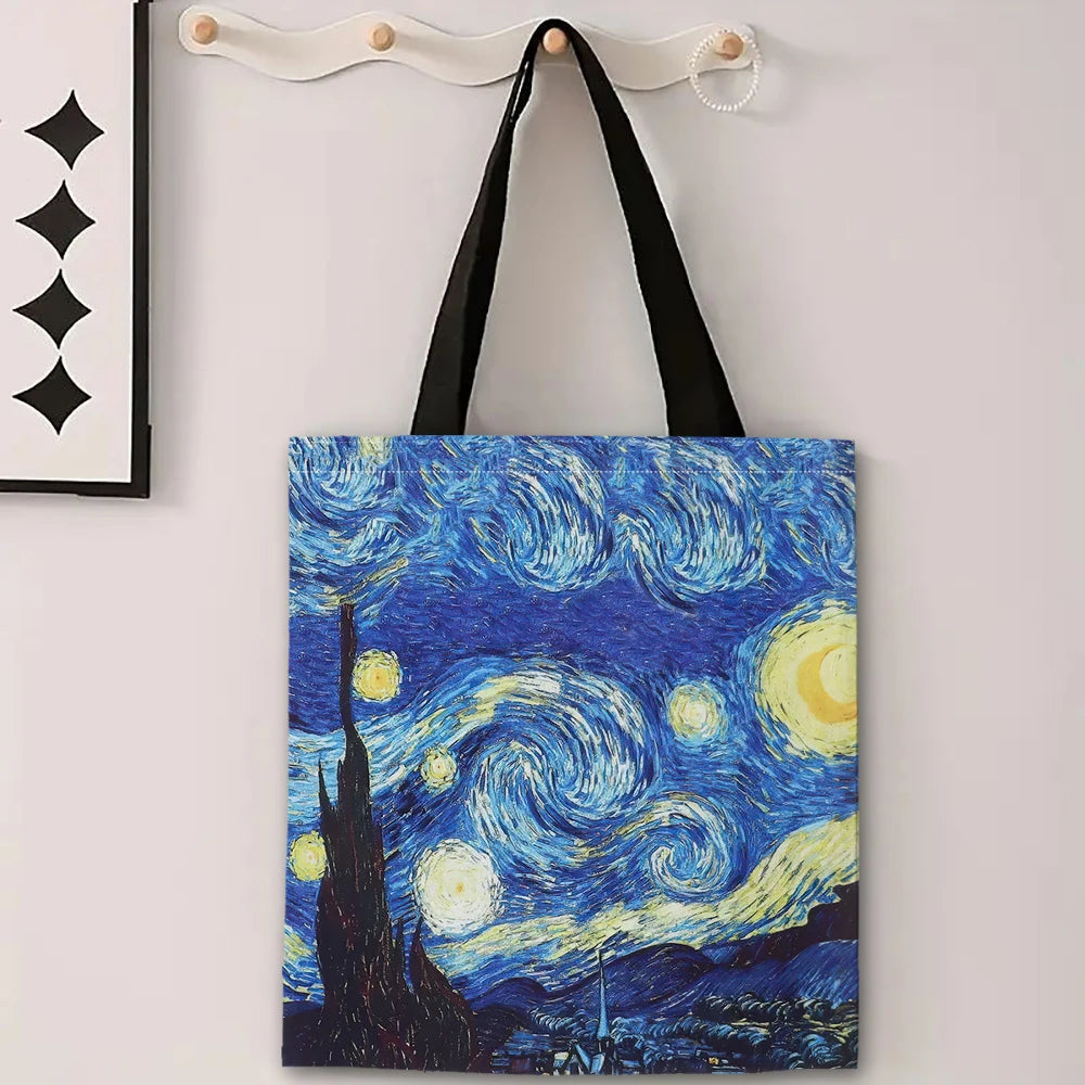 Van Gogh Series Linen Bag – Lightweight Reusable Tote with Starry Night & Sunflower Prints